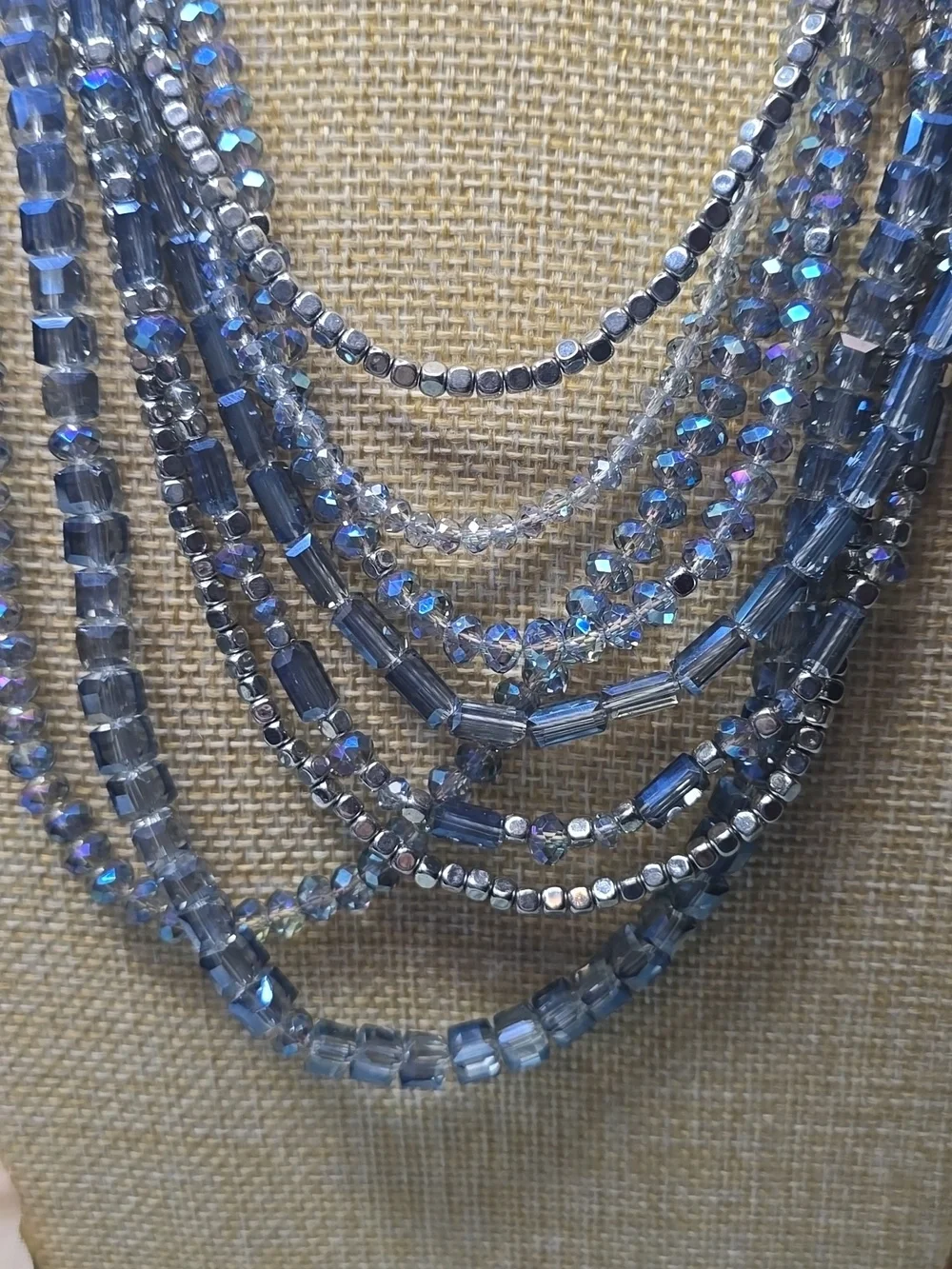 Blue AB Crystals & Silver Tone  Beaded 8 Strand Layered Necklace